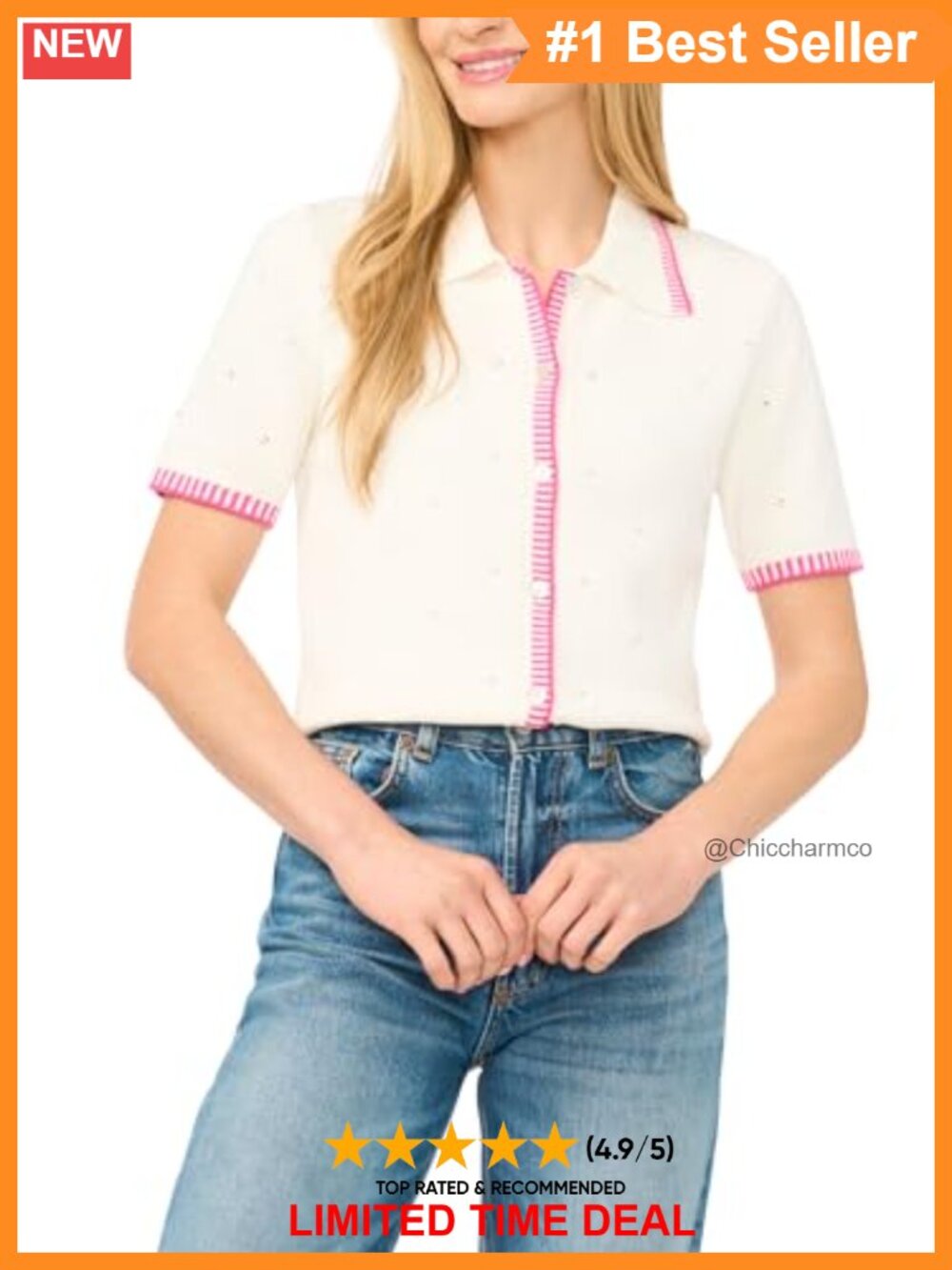 Whipstitch Pointelle Short Sleeve Collared Cardigan Tailored Fit Sweater